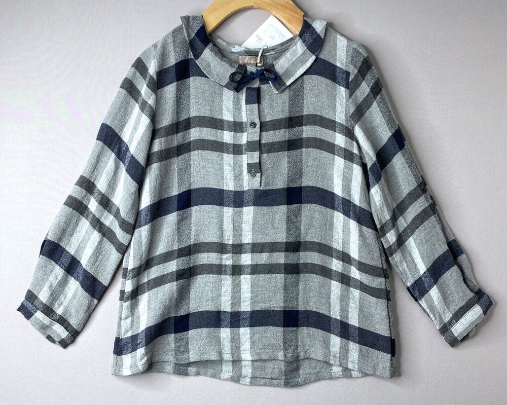 NWT Emile et Ida Girls 8 Yrs Gray & Navy Check Blouse w/Bow 8A